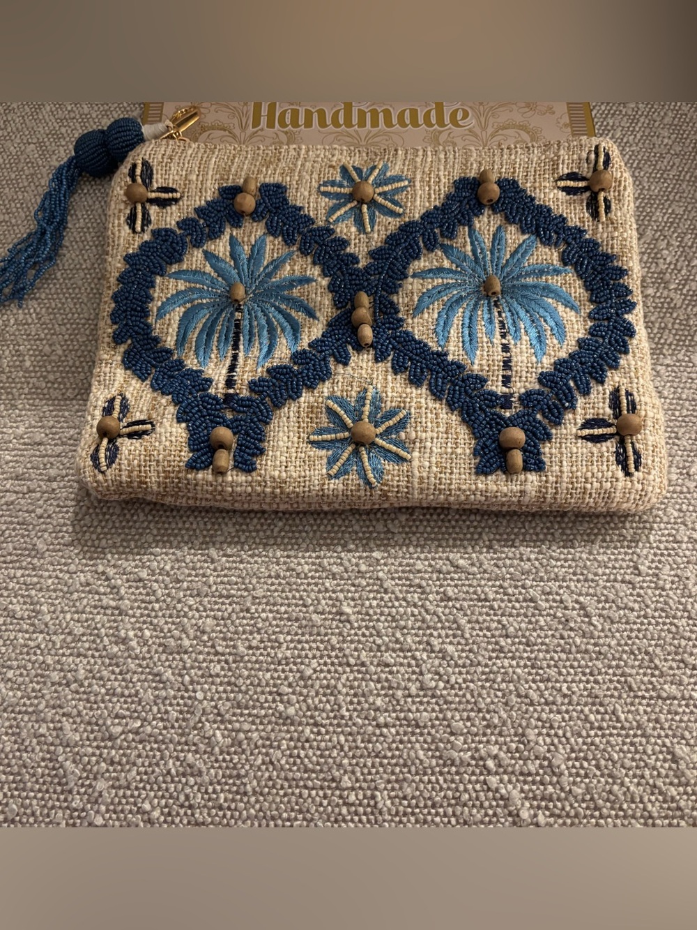 Handmade Beige Cosmetic Clutch with Blue Embroidery